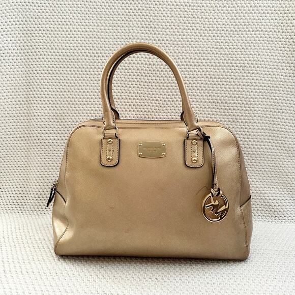 Michael Kors Cindy Gold Metallic Saffiano Leather Dome Shaped Top Handle Satchel - Picture 1 of 13